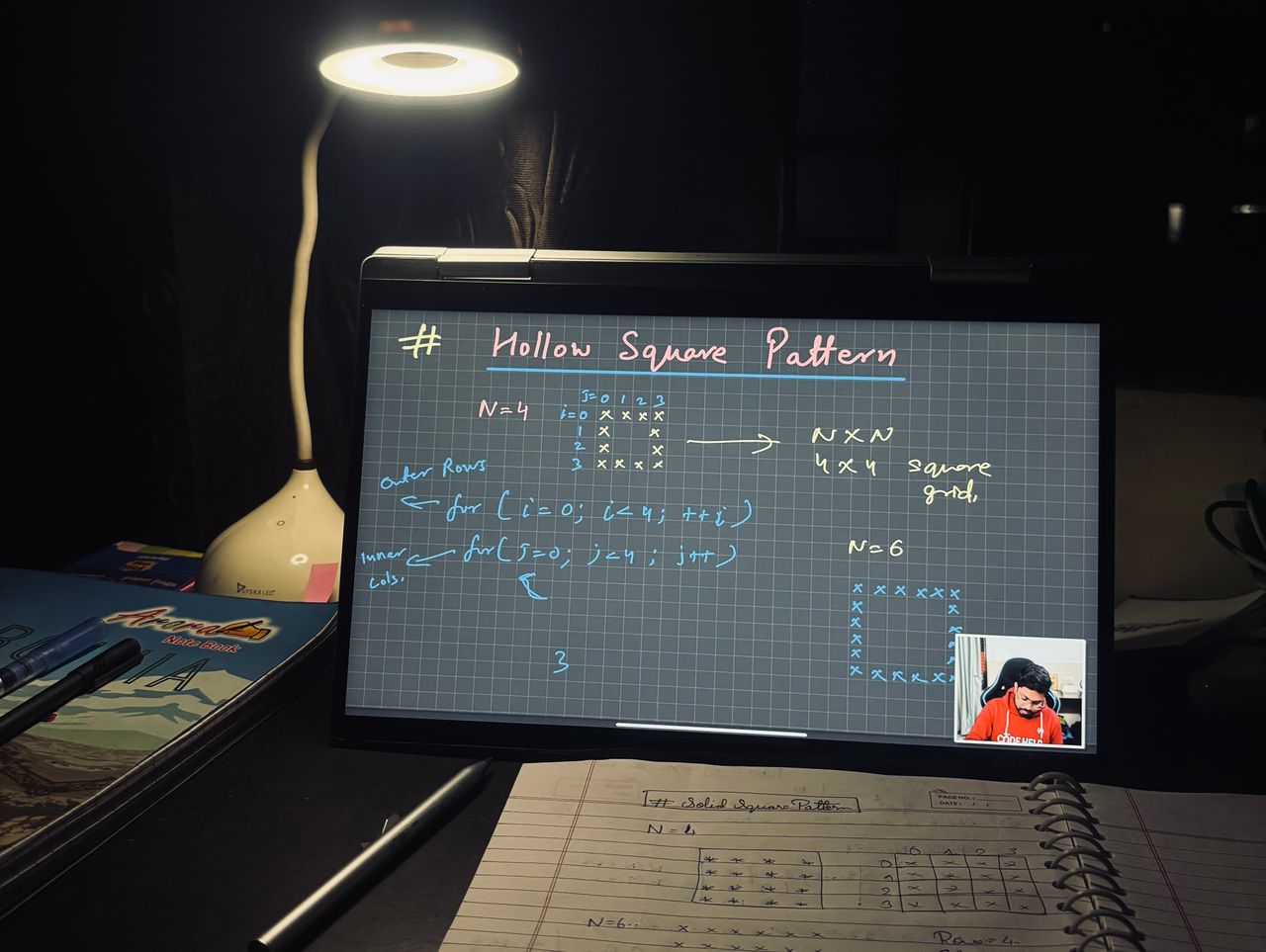 about-hero A dimly lit home study setup with laptop displaying coding notes on a hollow square pattern.